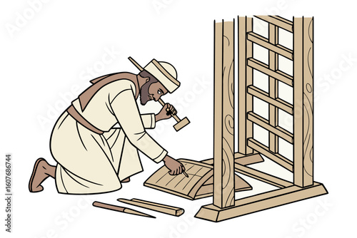 Artist with beard and turban using digital tablet to create a landscape scene with sun and mountains