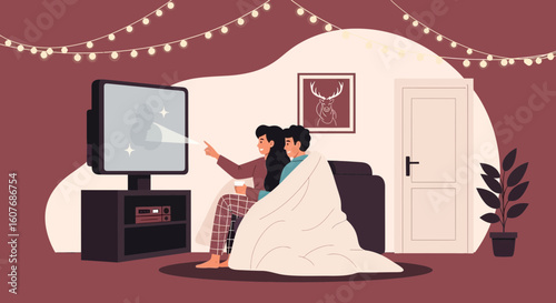 Cozy Evening At Home Couple Watching Tv Under Blanket Cartoon Style