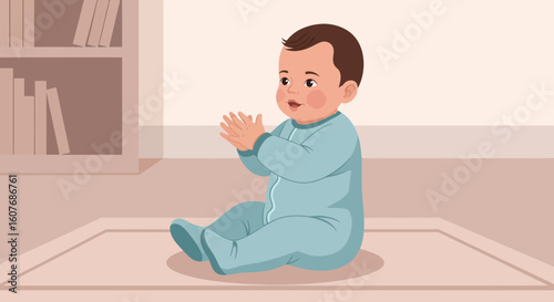 Cartoon Toddler Clapping Hands Sitting On Floor In Nursery Room