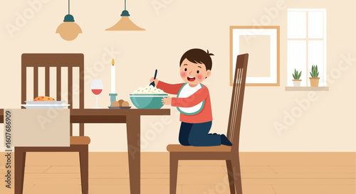 Boy Enjoying A Bowl Of Cereal On The Table In The Dining Room