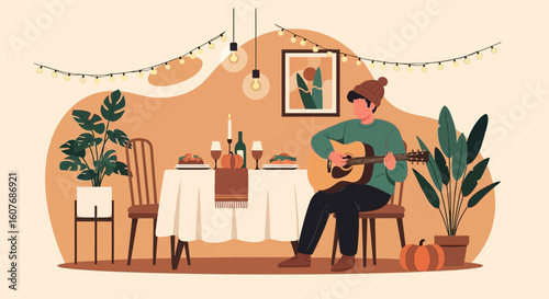 Cozy Evening Serenade Guitarist Plays Music During Dinner Illustration