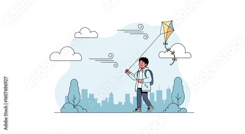 Boy Enjoying A Summer Day Flying A Kite In The Park With Cityscape