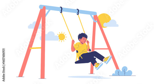 Boy Enjoying a Sunny Day Swinging High at the Playground Vector Design