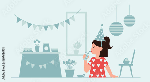 Celebrating Birthday At Home With Streamers And Party Hat Minimalist Design