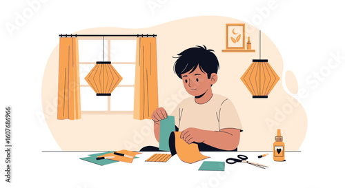 Boy Enjoying Crafting Handmade Project At Home With Paper And Scissors