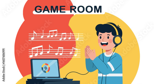 Boy Enjoying Music Production In His Game Room With Laptop And Headphones