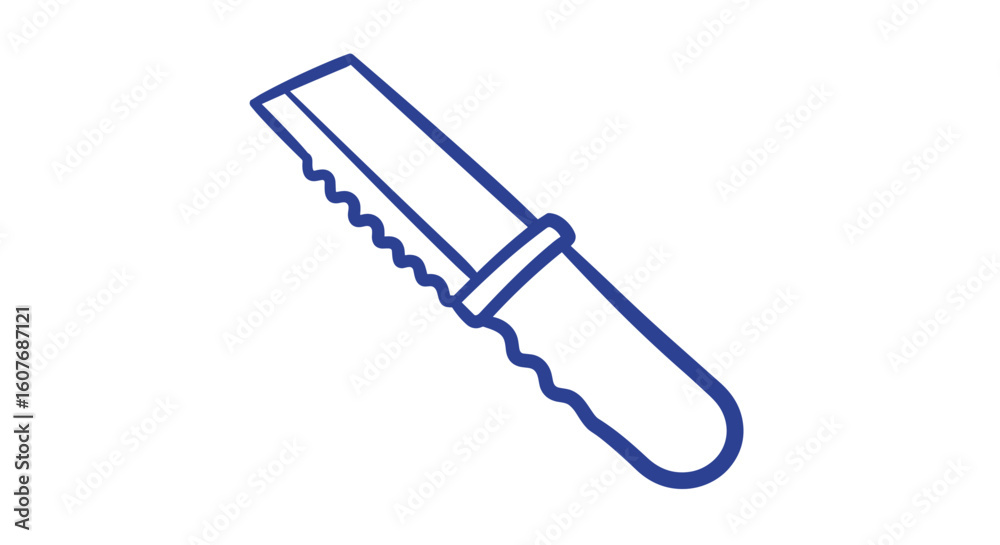 Fototapeta premium Serrated kitchen knife illustration in simple blue line style. plastic knife serration 