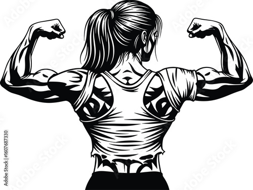 Cad drawing flat vector illustration of strong man flexing muscles, back view, fitness pose, black and white tattoo art