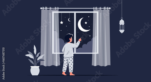 Boy Gazing At Crescent Moon And Stars Through Window At Night
