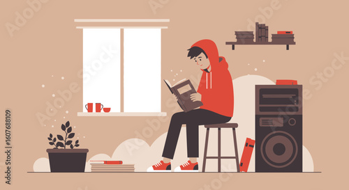 Boy In Hoodie Reads Book In Cozy Room With Bookshelf And Plant