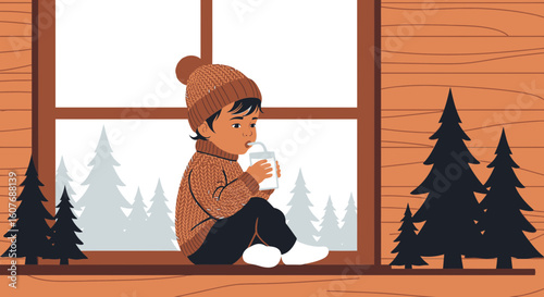 Cozy Winter Scene Young Child Enjoying Hot Beverage In Wooden Cabin
