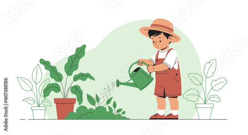 Boy In Overalls And Hat Gardening Plants With Watering Can Vector