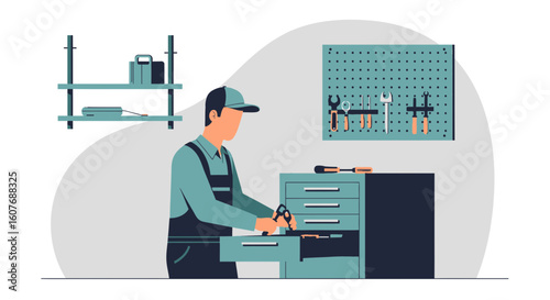 Craftsman Arranging Tools In Workplace For Industrial Equipment Maintenance