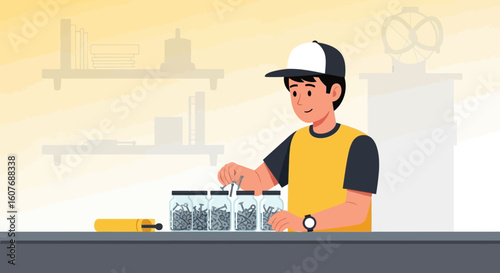 Craftsman Arranging Fasteners In Jars For Workshop Management And Inventory Control