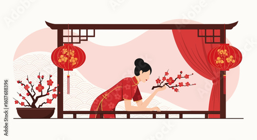 Celebratory Lanterns And Blossoms A Girl Holding Plum Flowers In Chinese New Year