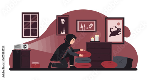 Boy In Vampire Costume Prepares For Halloween Movie Night At Home