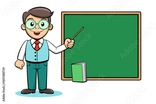 Friendly cartoon teacher with glasses and pointer stick standing beside a green chalkboard with eraser
