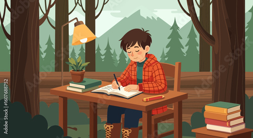 Boy Is Writing In A Forest Setting, Immersed In Nature's Creative Inspiration