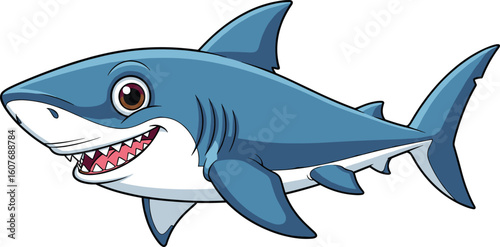 Smiling cartoon shark with big eyes and sharp teeth, blue body, friendly ocean animal vector for kids poster, decor, icon
