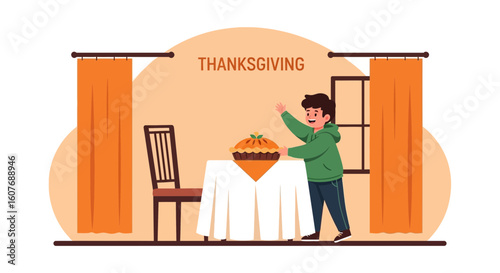 Cheerful Boy Presenting Homemade Pumpkin Pie for Thanksgiving Celebration