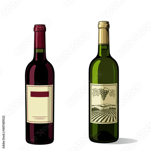 Elegant wine bottles, one red, one green, showcasing vineyard labels for sophisticated beverage representation.