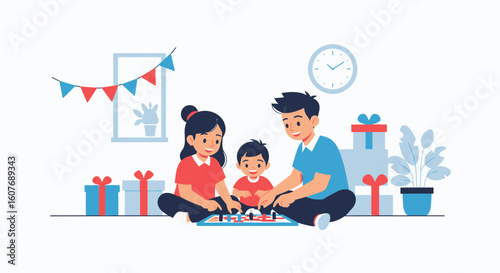 Cheerful Family Enjoying Quality Time With Board Game And Gifts Inside Decorated Room