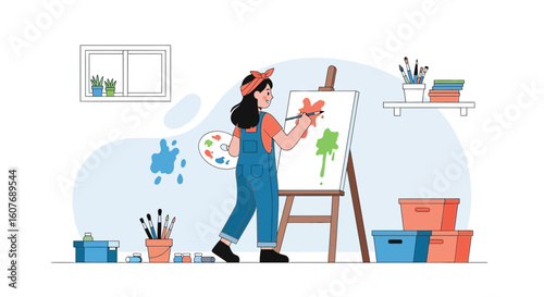 Cheerful Female Painter Working On A Canvas With An Easel At Home Studio