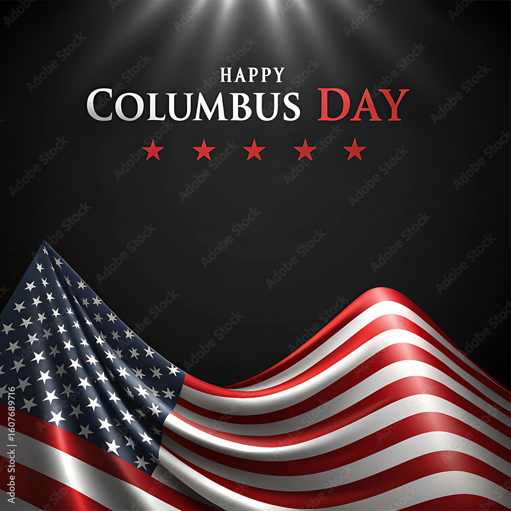 Naklejka premium Happy columbus day celebration with waving american flag and spotlight effect