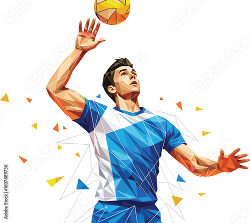 Polygonal volleyball player hitting ball in dynamic jump pose, geometric vector illustration with energy burst for sports poster, icon, decor