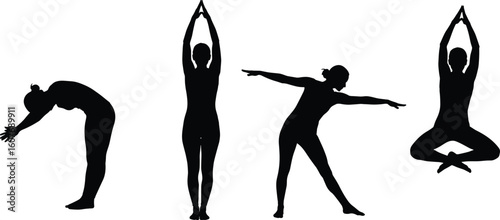 Cad drawing flat vector illustration of yoga silhouettes featuring poses like stretching, balancing, meditating and standing in black style