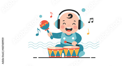 Cheerful Infant Engrossed In Rhythmic Exploration With Musical Percussion Instruments