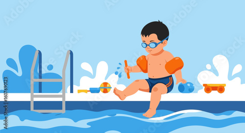 Cheerful Little Boy Having Fun And Playing Near Swimming Pool Edge