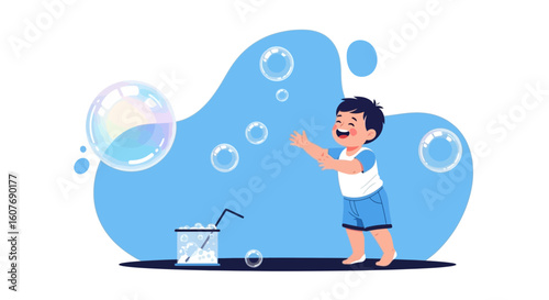 Cheerful Little Boy Playing With Bubbles Vector Illustration Background