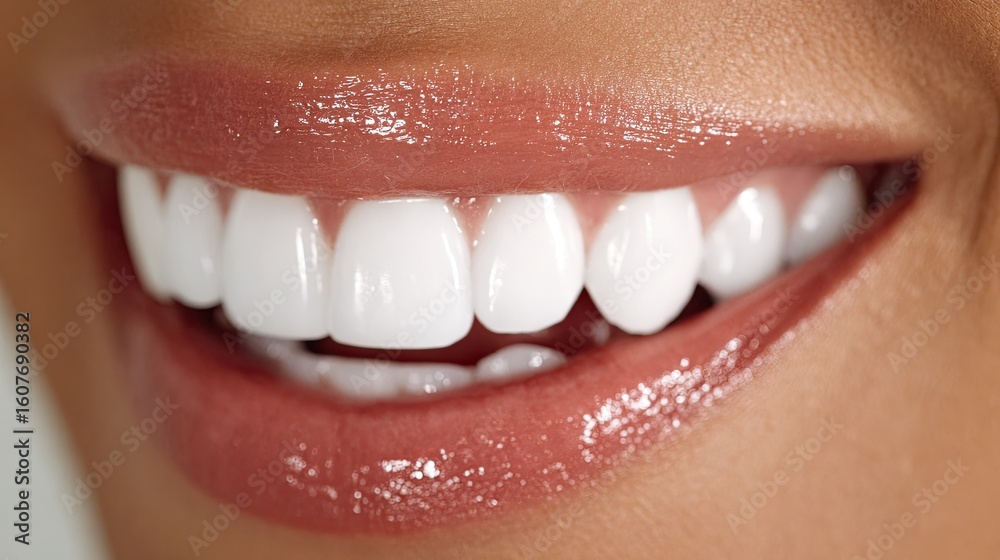 Obraz premium Extreme close-up of a woman's wide, bright white smile with glossy, sparkling lips