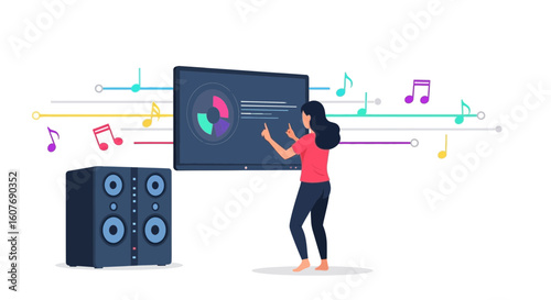 Creative Woman Creating Audio Visual Effects Music Production Display System