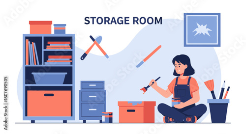 Creative Woman Painting Storage Boxes In The Room With Organization Furniture