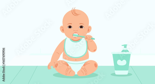 Cute Baby Brushing Teeth In A Turquoise Setting Promoting Early Oral Care