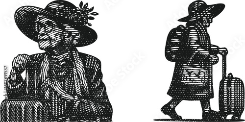  Monochrome Engraving Style Grandmother with Hat and Luggage Illustration Photocopy Effect Bundle
