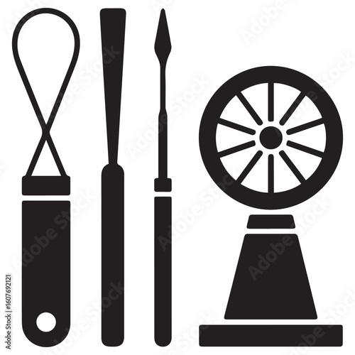 Collection of pottery tools including a ribbon tool needle tool and a potter s wheel icon representing ceramic art creation