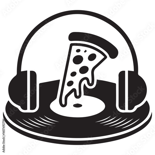 Creative black and white illustration of a slice of pizza on a vinyl record with headphones symbolizing music and food enjoyment