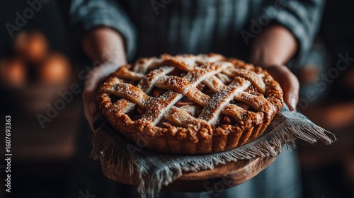Homemade apple pie is held, lattice crust, warm light