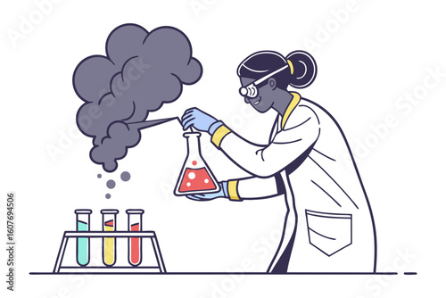 Cartoon scientist holding a glowing green test tube with bubbles and smoke in a laboratory setting