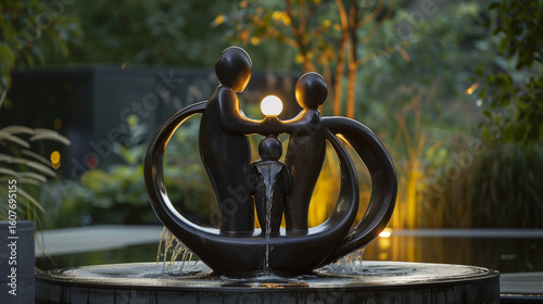 Modern sculpture of a family holding a glowing sphere in tranquil garden
