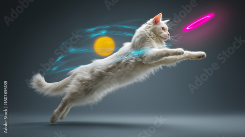 White Cat Leaping for Glowing Ring Toy