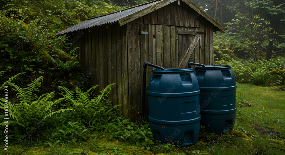 Obraz premium Two blue water barrels collect rainwater from a rustic wooden shed nestled amidst lush green ferns and dense forest foliage.