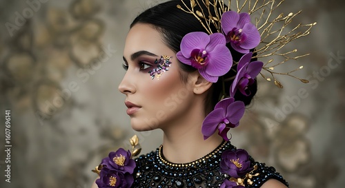A woman with elaborate makeup and floral/jeweled headpiece and dress detailing.
