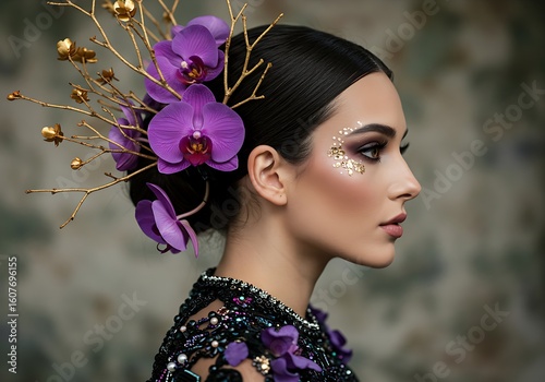 High fashion beauty shot featuring a dramatic floral headpiece, intricate face gems, and elegant purple orchid accents.