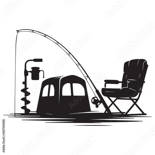 Silhouette of ice fishing gear including a tent auger chair and fishing rod with reel on frozen water