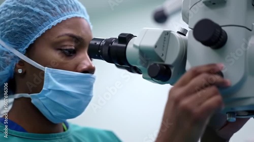 Healthcare worker precisely operating a surgical microscope in a sterile environment