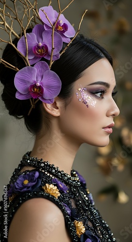 A captivating woman adorned with stunning purple orchids, golden branches, and unique facial gem embellishments in a high-fashion style.